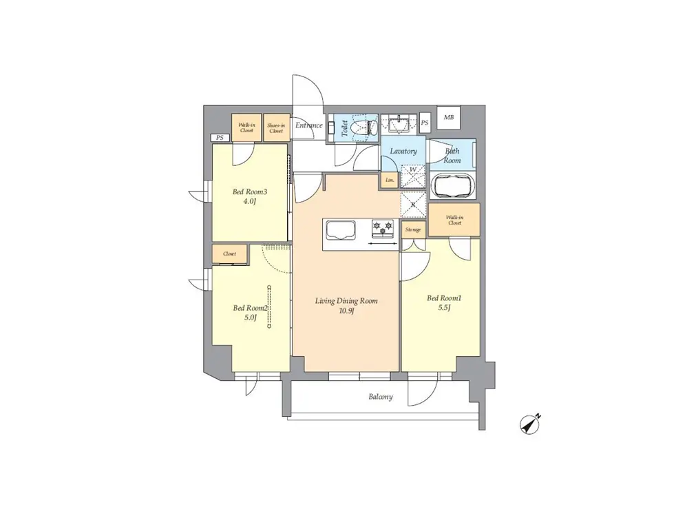 - 3ベッドルームと広々としたリビングダイニングルームを持つマンションの間取り図、バルコニーと洗濯室、バスルームが配置されている