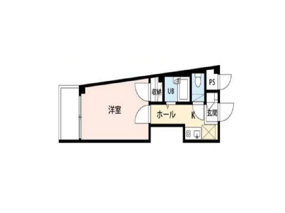 - モダンな間取り図、洋室、ホール、キッチン、ユニットバス、収納、玄関が配置されたデザインのイラスト
