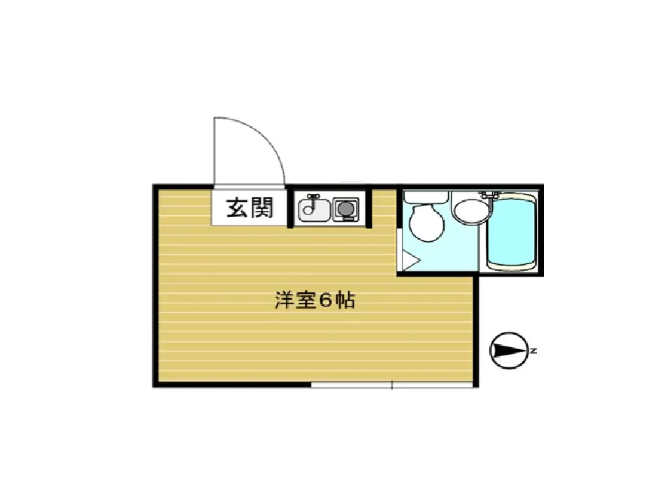 - 6畳の洋室と玄関、洗面所、トイレが配置された間取り図のイラスト