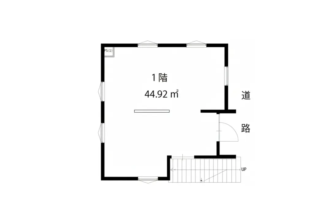 - 44.92平方メートルの1階の間取り図、玄関と階段が配置された住居のレイアウト