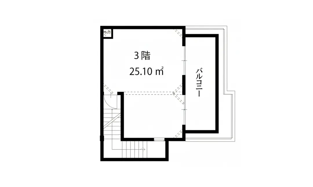 - 3階のフロアプラン、面積25.10㎡、バルコニーの位置が示された間取り図