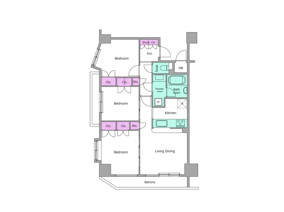 - 3つの寝室を含む間取り図、リビングダイニング、キッチン、バスルーム、トイレとバルコニーを配置した家のレイアウト