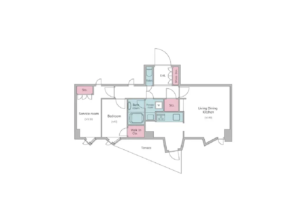 - 住宅の間取り図、リビングダイニングキッチン、寝室、バスルーム、サービスルーム、パウダールーム、トイレ、ウォークインクローゼット、テラスの配置を示すデザイン