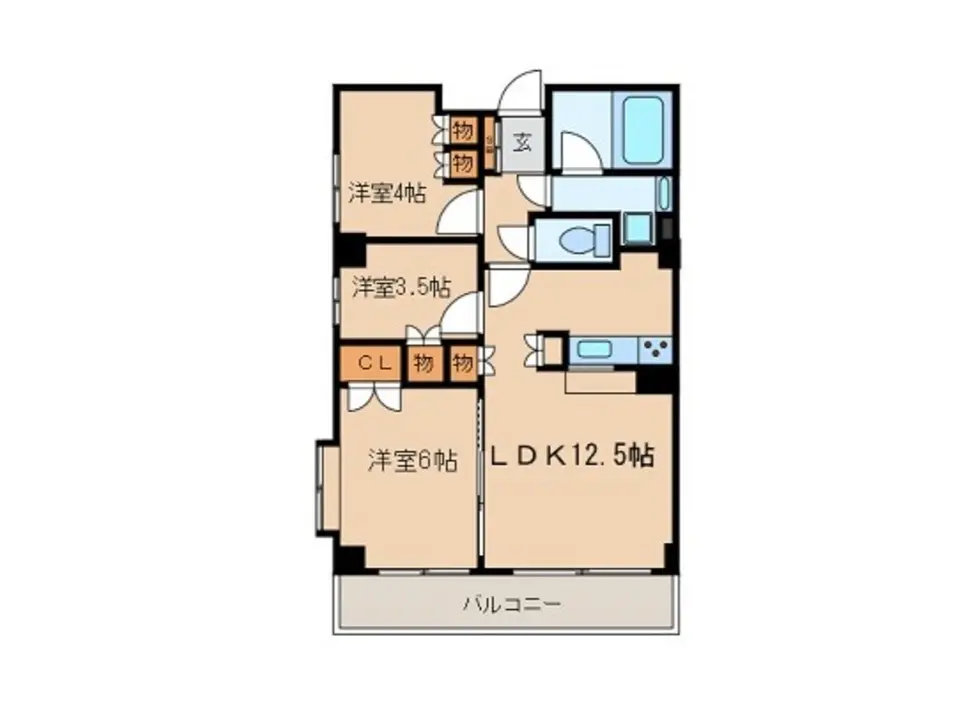 - 3LDKの間取り図、リビングダイニングキッチン(LDK)12.5帖、洋室4帖、洋室3.5帖、洋室6帖、収納スペースあり