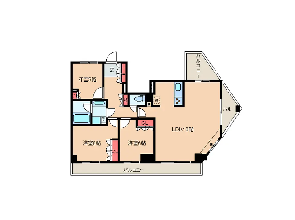 - 3LDKの間取り図、バルコニー付き、LDK16帖、洋室3部屋、バスルームとトイレの配置が示された floorplan