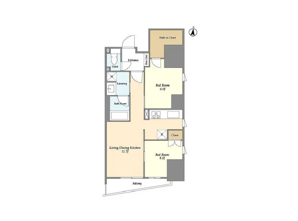 - 充実した間取りのマンション図、リビングダイニングキッチン、3つのベッドルーム、バルコニー、洗面所と浴室の配置を示す平面図