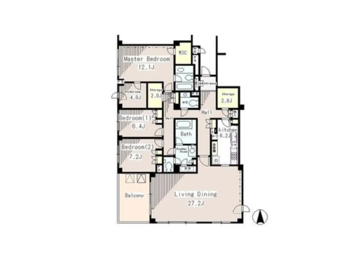 - 4つの寝室と広いリビングダイニングを含む間取り図、各部屋の面積と収納スペースが明記されている住宅プラン