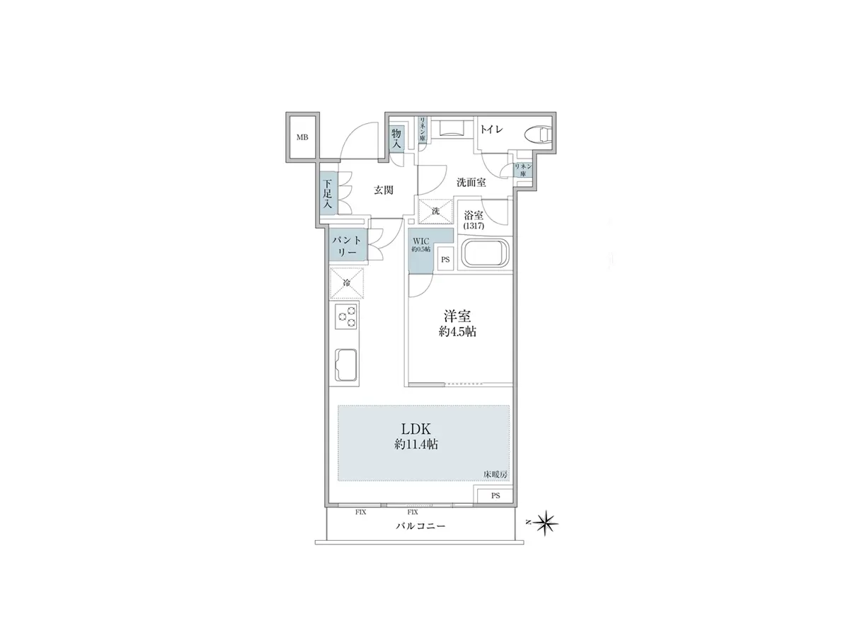 - 住宅の間取り図、LDK約11.4帖、洋室約4.5帖、トイレと洗面室を含むレイアウト