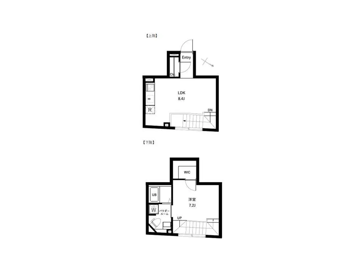 - 2階建て住宅の間取り図、上階にはLDKとエントランス、下階には洋室とウォークインクローゼットを含むデザイン