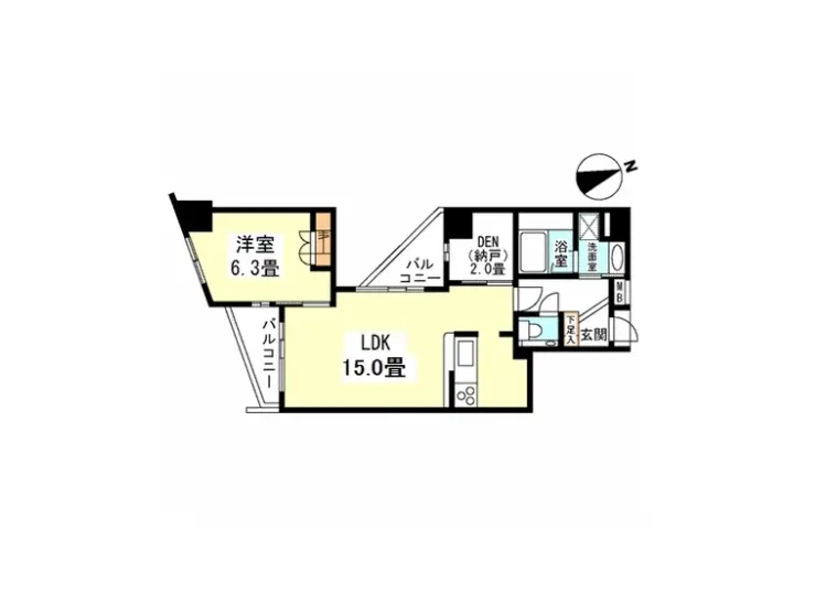 - 部屋の間取り図、LDK15.0畳、洋室6.3畳、DEN2.0畳、バルコニーがある住居のレイアウト
