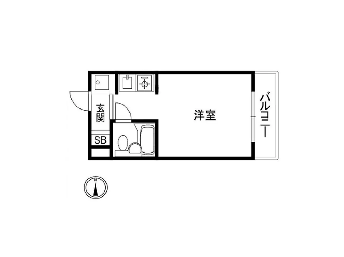 - 1Kタイプの間取り図、玄関、洗面所、トイレ、洋室、バルコニーの配置を示すシンプルな設計