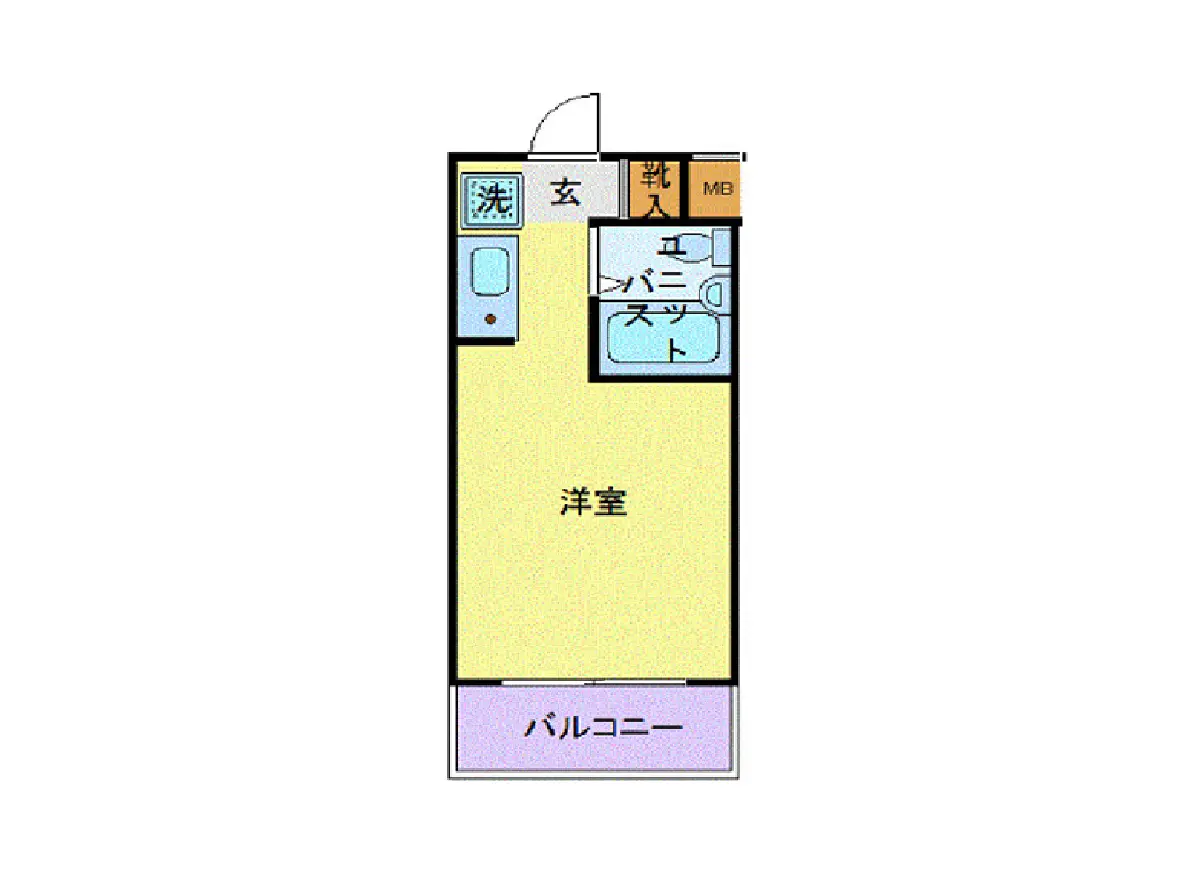 - 洋室とバルコニーを含む間取り図、洗面所やエントランス、浴室の配置が示されたレイアウト