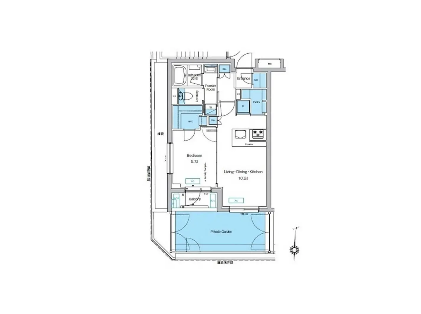 - 2LDKの賃貸マンションの間取り図、リビング・ダイニング・キッチンと2つの寝室、プライベートガーデン付き