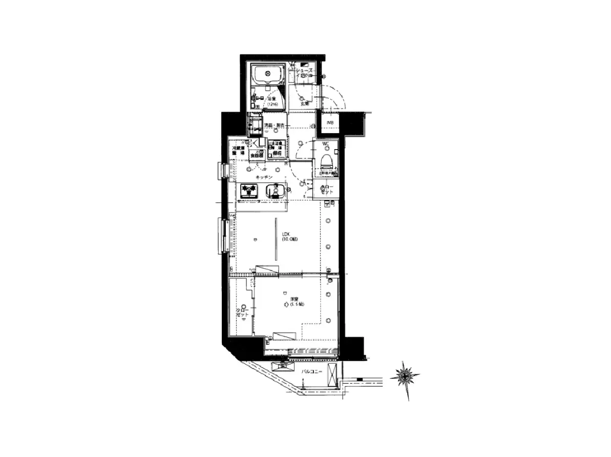 - モダンな住宅の間取り図、リビングダイニングキッチン（LDK）、寝室、バスルーム、トイレ、バルコニーを含む設計図