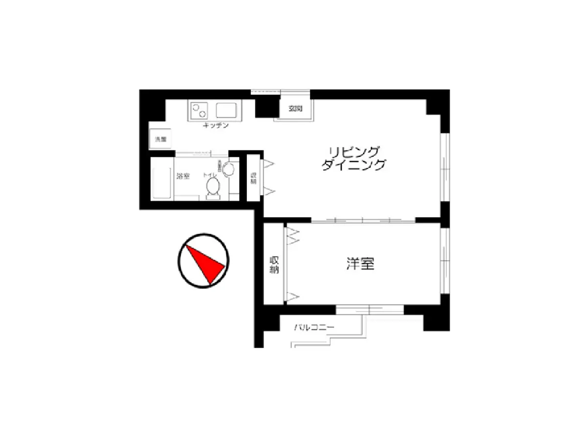 - リビングダイニング、キッチン、洋室、バルコニーを含む間取り図、収納スペースが配置されたシンプルなレイアウト