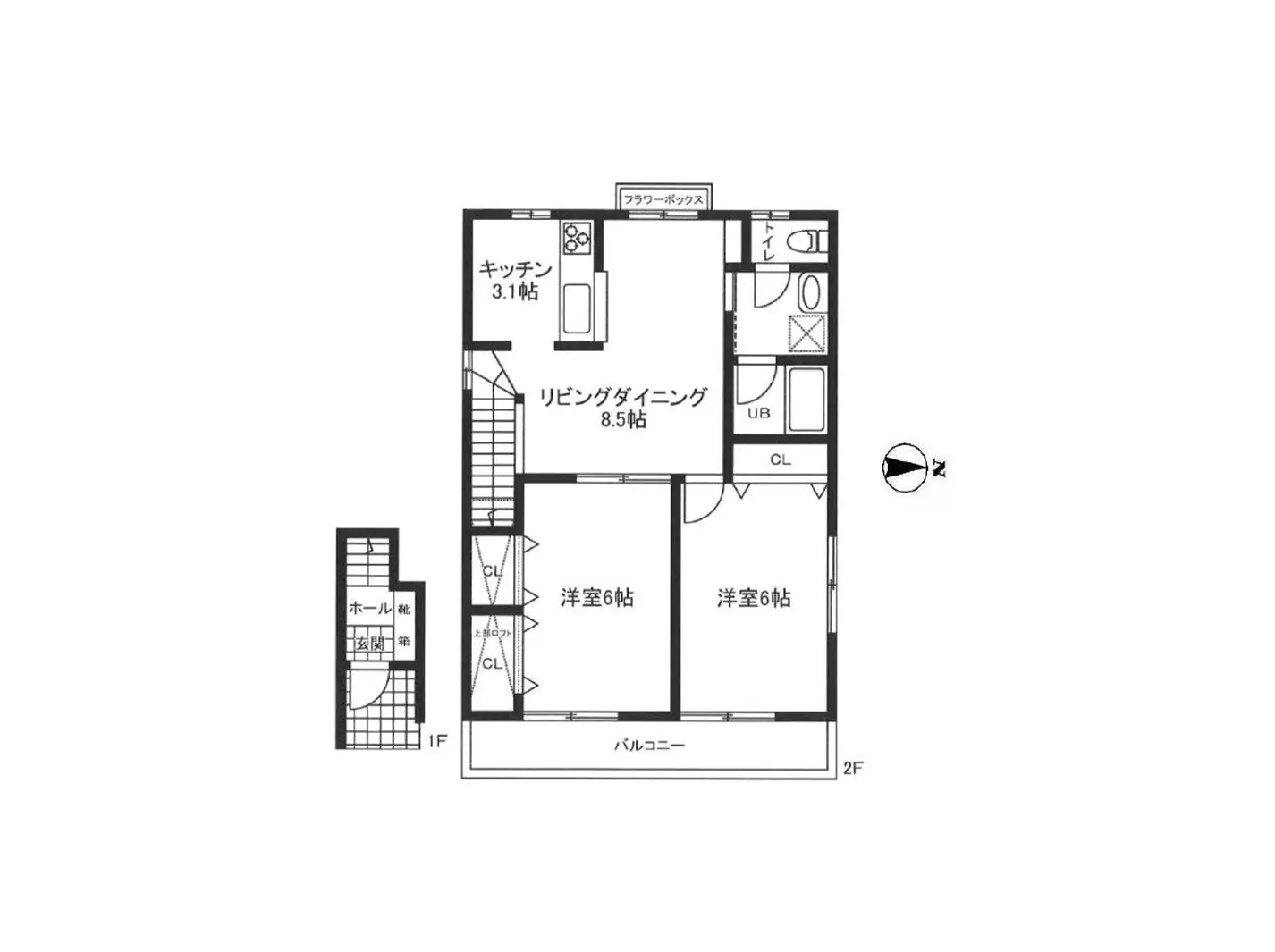 - 2階建て住宅の間取り図、1階はリビングダイニング、キッチン、ホール、2階には洋室が2部屋とバルコニーが配置されたデザイン