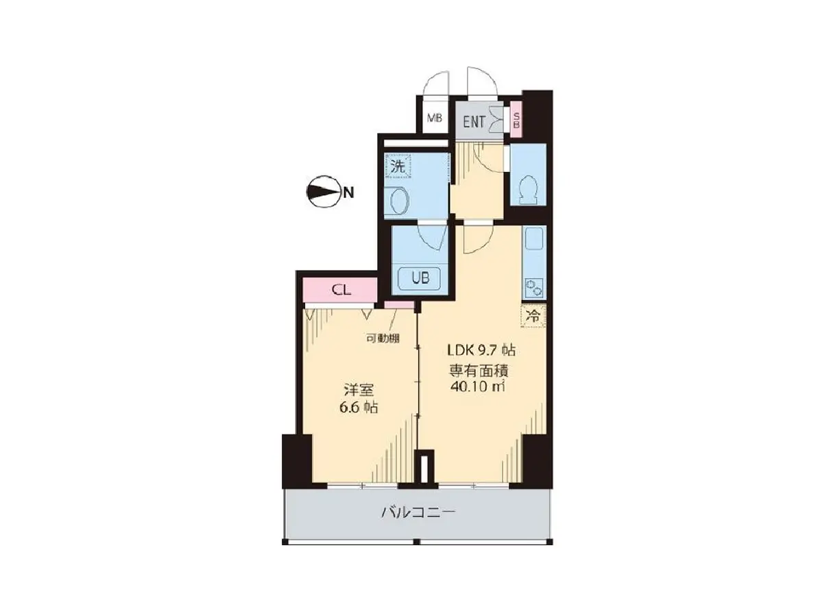 - 1LDKの間取り図、リビングダイニングが9.7帖、洋室6.6帖、バルコニー付き、トイレと洗面所の配置が特徴的な物件
