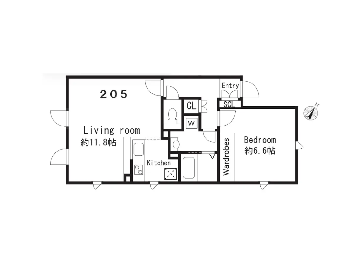 - 2LDKの間取り図、リビングルーム約11.8帖と寝室約6.6帖、キッチンと収納スペースを含む設計図