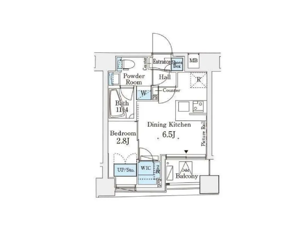 - 主要な部屋が配置された間取り図、ダイニングキッチン、寝室、バスルーム、バルコニーを含む住空間のレイアウト