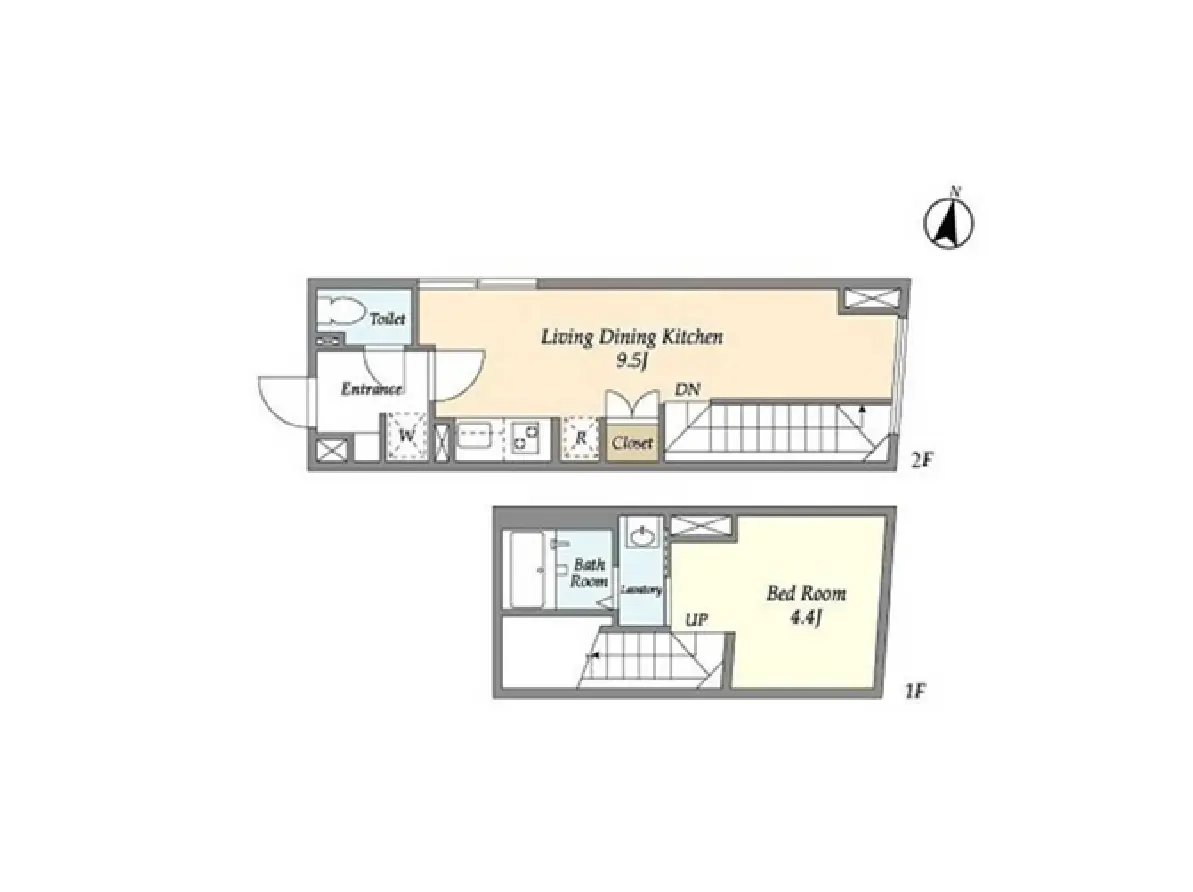 - 1階と2階の間取り図、リビングダイニングキッチン、寝室、トイレ、バスルーム、収納スペースを含む設計図