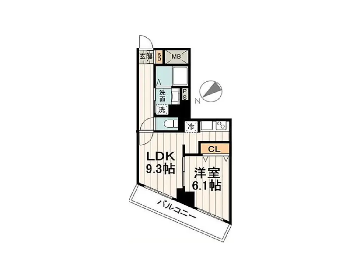 - LDK 9.3帖と洋室 6.1帖の間取り図、洗面所、バルコニー、玄関の配置が示された間取りデザイン