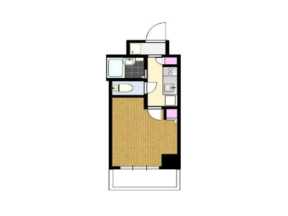 - 一人暮らし向けの間取り図、リビングルーム、キッチン、バスルーム、トイレが配置された効率的なレイアウト