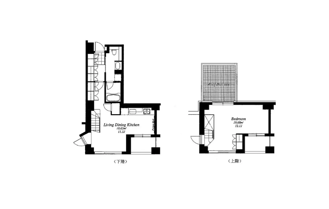 - 1階のリビングダイニングキッチンと2階の寝室を示す間取り図、各部屋の広さと設備が記載された詳細な設計図