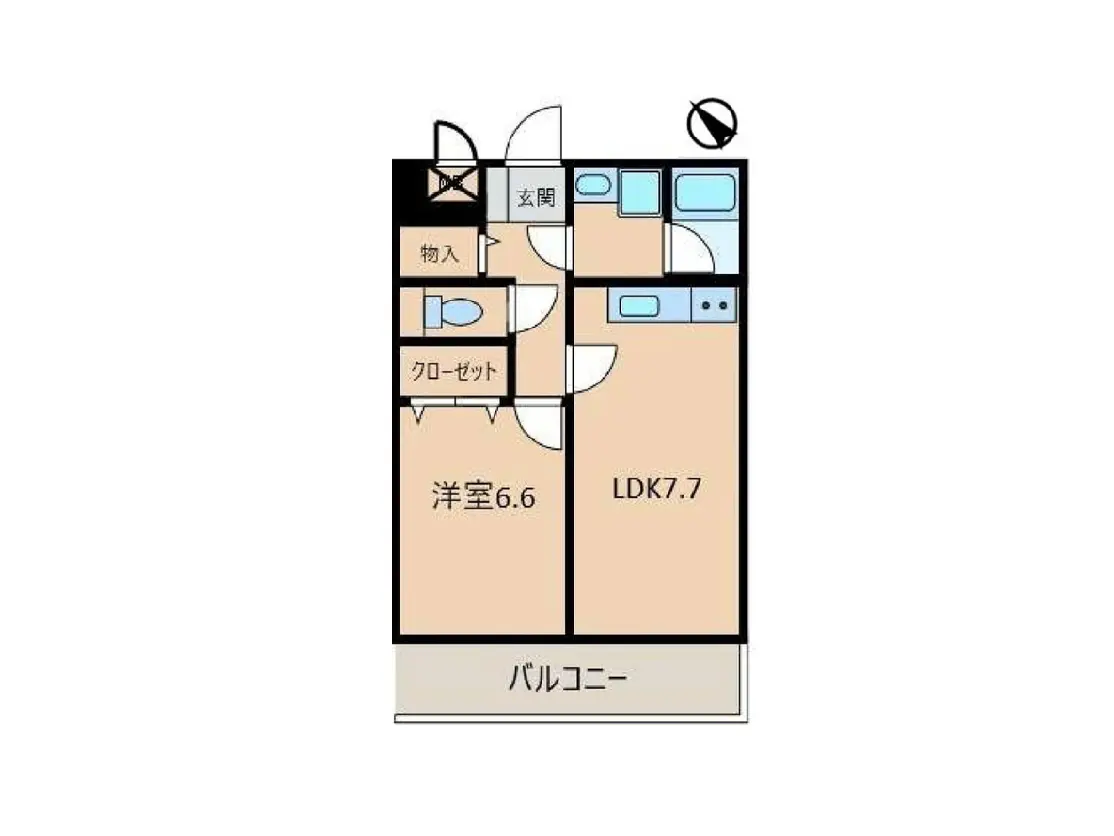 - 1LDKの間取り図、洋室6.6帖とLDK7.7帖、バルコニー付き、クローゼットと物入れの配置を示すインテリアデザイン