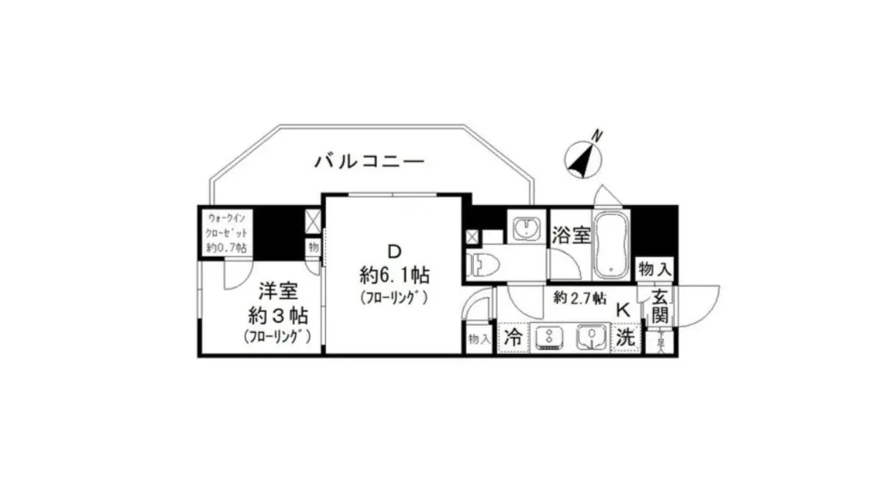 - 1Kタイプの間取り図、洋室約3帖、約6.1帖のリビング、浴室、キッチン、バルコニーを含むレイアウト