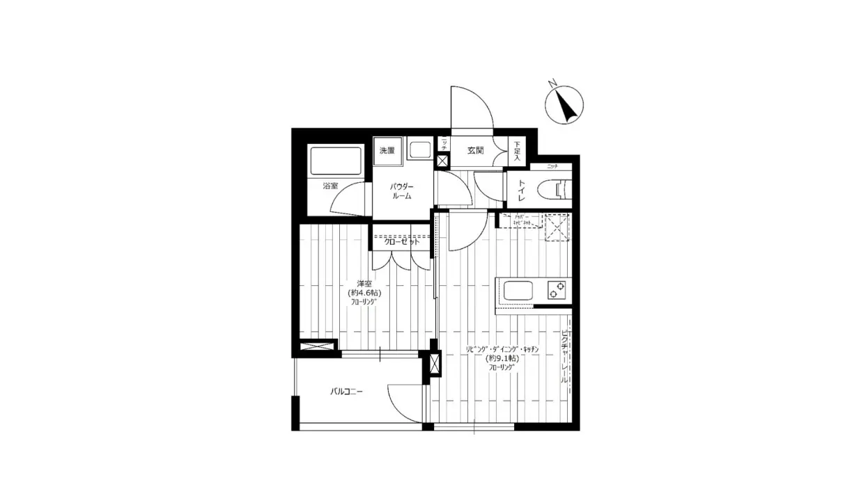 - モダンな間取り図、各部屋の名称が記載された平面図、洗面所、浴室、トイレ、パウダールームを含むデザイン