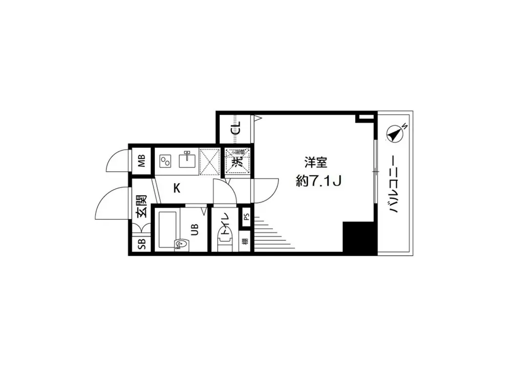 - 1LDKの間取り図、広さ約7.1畳の洋室、キッチン、トイレ、バスルーム、玄関のレイアウトが示された図面