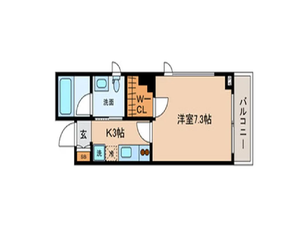 - 1Kタイプの間取り図、洋室7.3帖、キッチン3帖、洗面所、バルコニーを含む配置