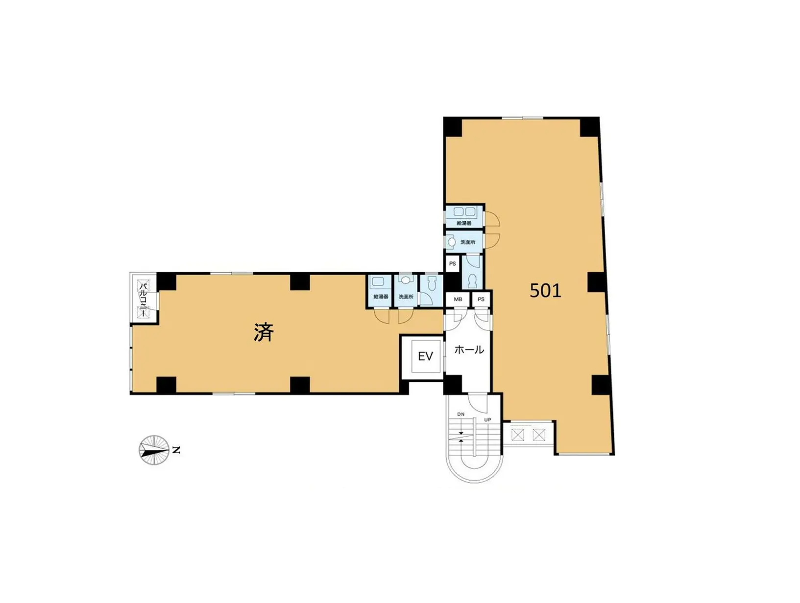 - 501号室の間取り図、エレベーターの近くに位置し、ホール、洗面所、トイレを含む住宅設計のレイアウト