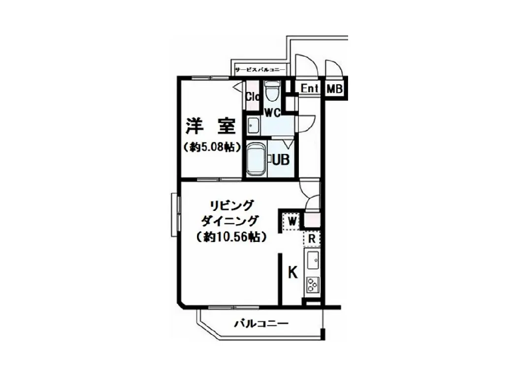 - 1LDKの間取り図、洋室約5.08帖、リビングダイニング約10.56帖、台所とバルコニーの配置が示された間取り