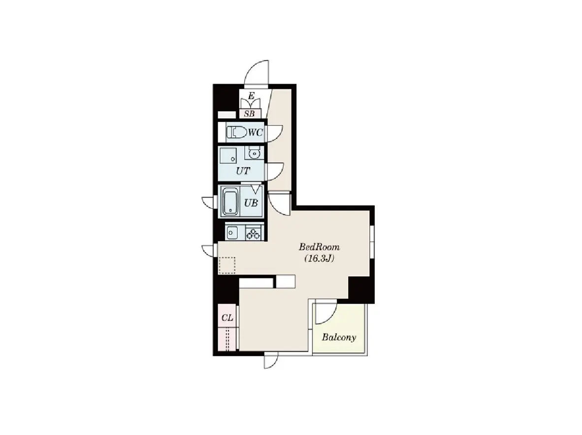 - 一人暮らし向けの間取り図、広いベッドルーム（16.3畳）、バルコニー、洗面所、キッチン、和式トイレの配置が描かれた設計図