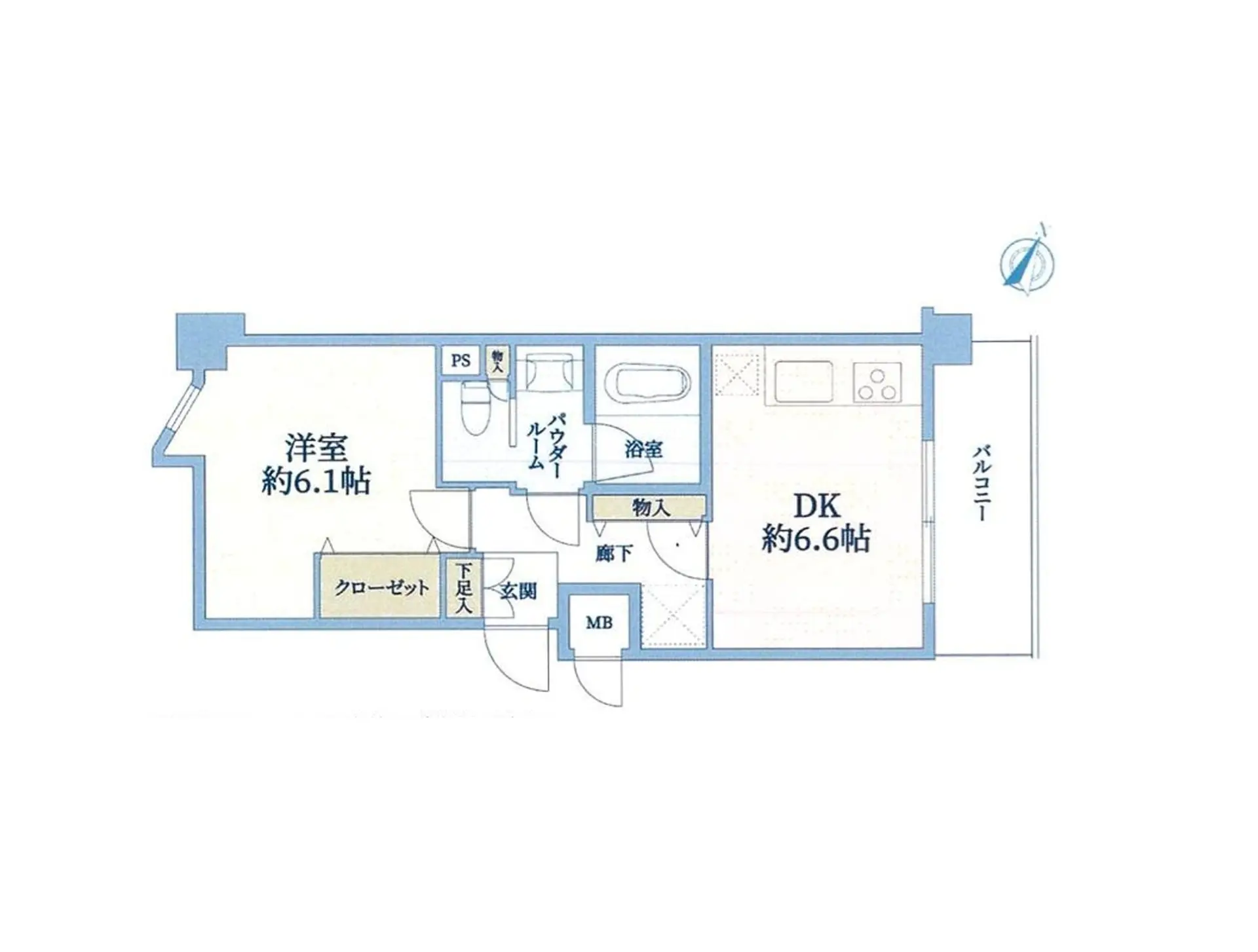 - 1LDK間取り図、洋室約6.1帖、DK約6.6帖、バスルーム、トイレ、クローゼットを含む住居レイアウト