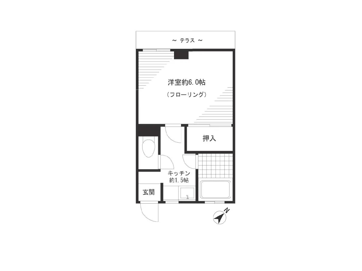 - 間取り図、洋室約6帖と1.5帖のキッチン、玄関、テラスの配置を示すシンプルなレイアウト