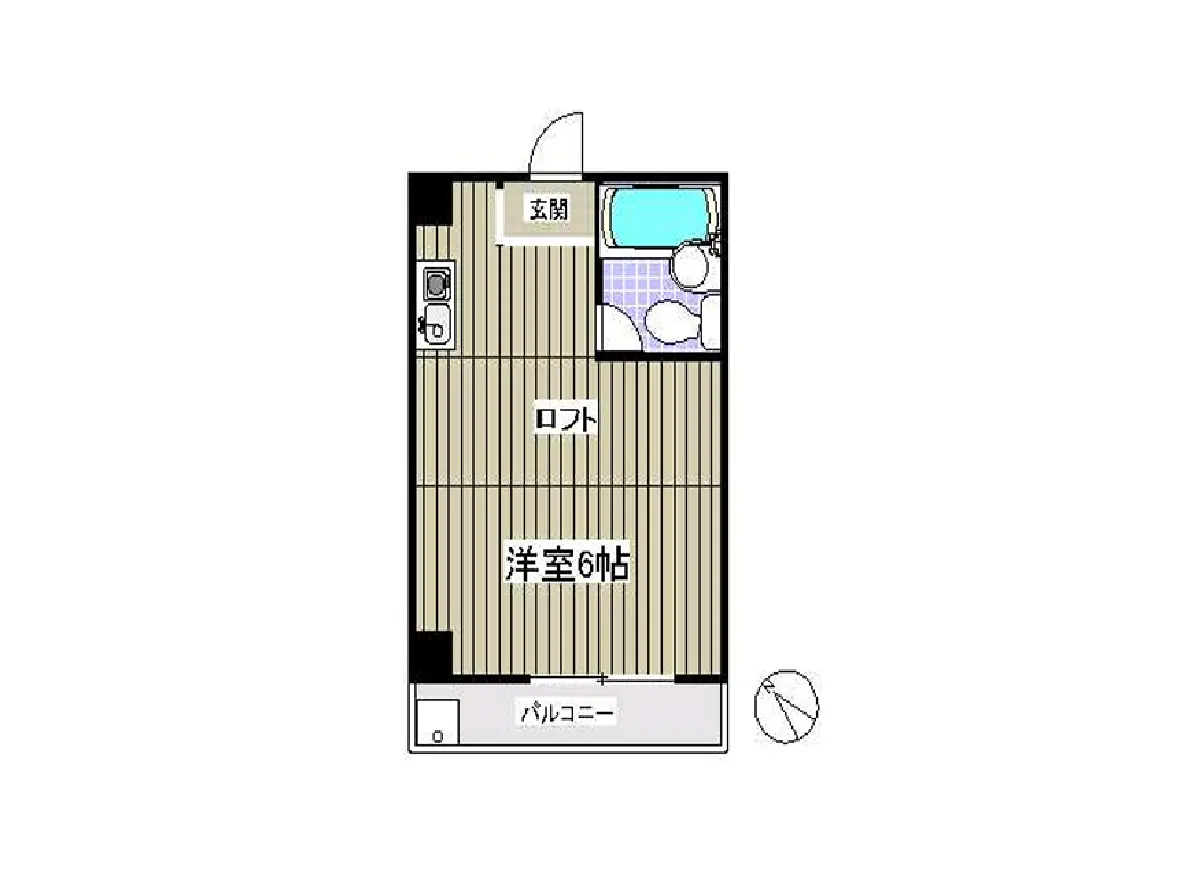 - 6帖の洋室、ロフト付き、バルコニーとバスルームを含む間取り図