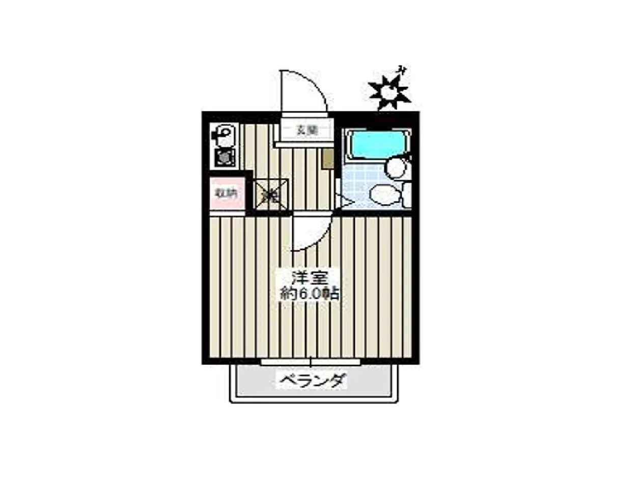 - 約6畳の洋室を含む間取り図、洗面所とトイレを備えた快適な住空間のレイアウト