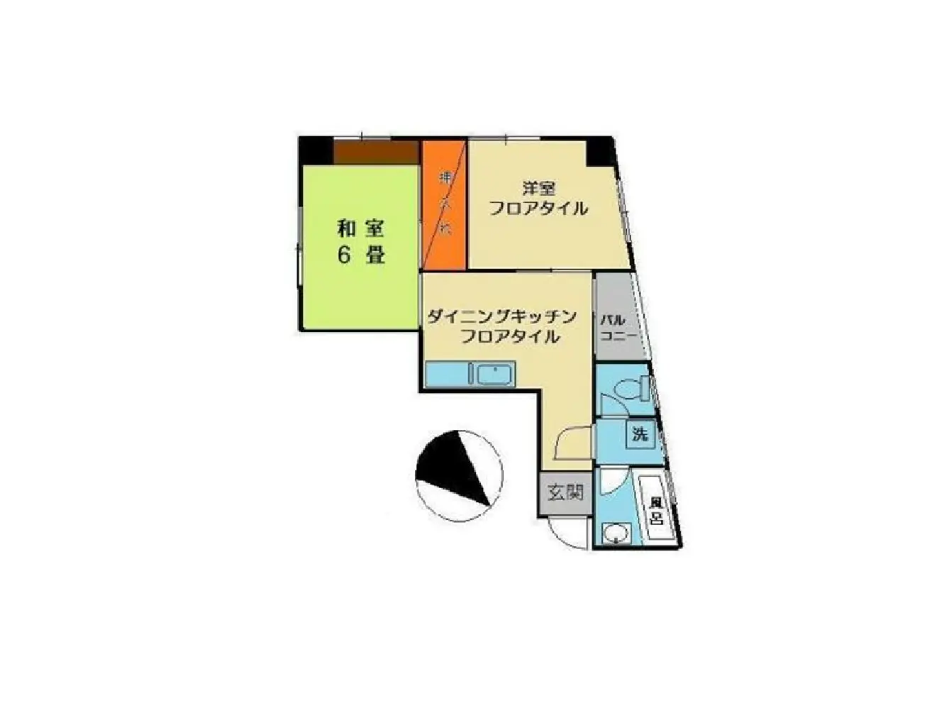 - 6畳の和室、ダイニングキッチン、洋室、バルコニー、洗面所、風呂と玄関を含む間取り図