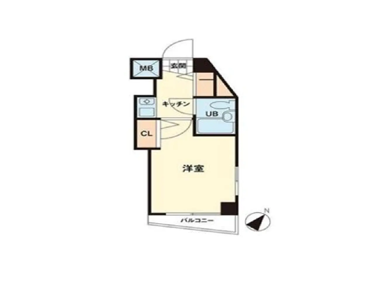 - シンプルで使いやすい間取りのマンション図面、洋室、キッチン、ユニットバス、クローゼット、バルコニーを含むデザイン