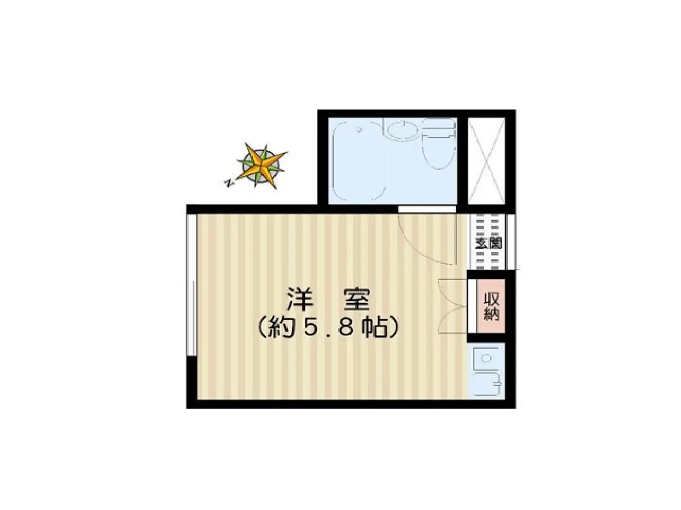 - 約5.8畳の洋室の間取り図、右上にバスルーム、下に収納スペースが配置されたシンプルなレイアウト