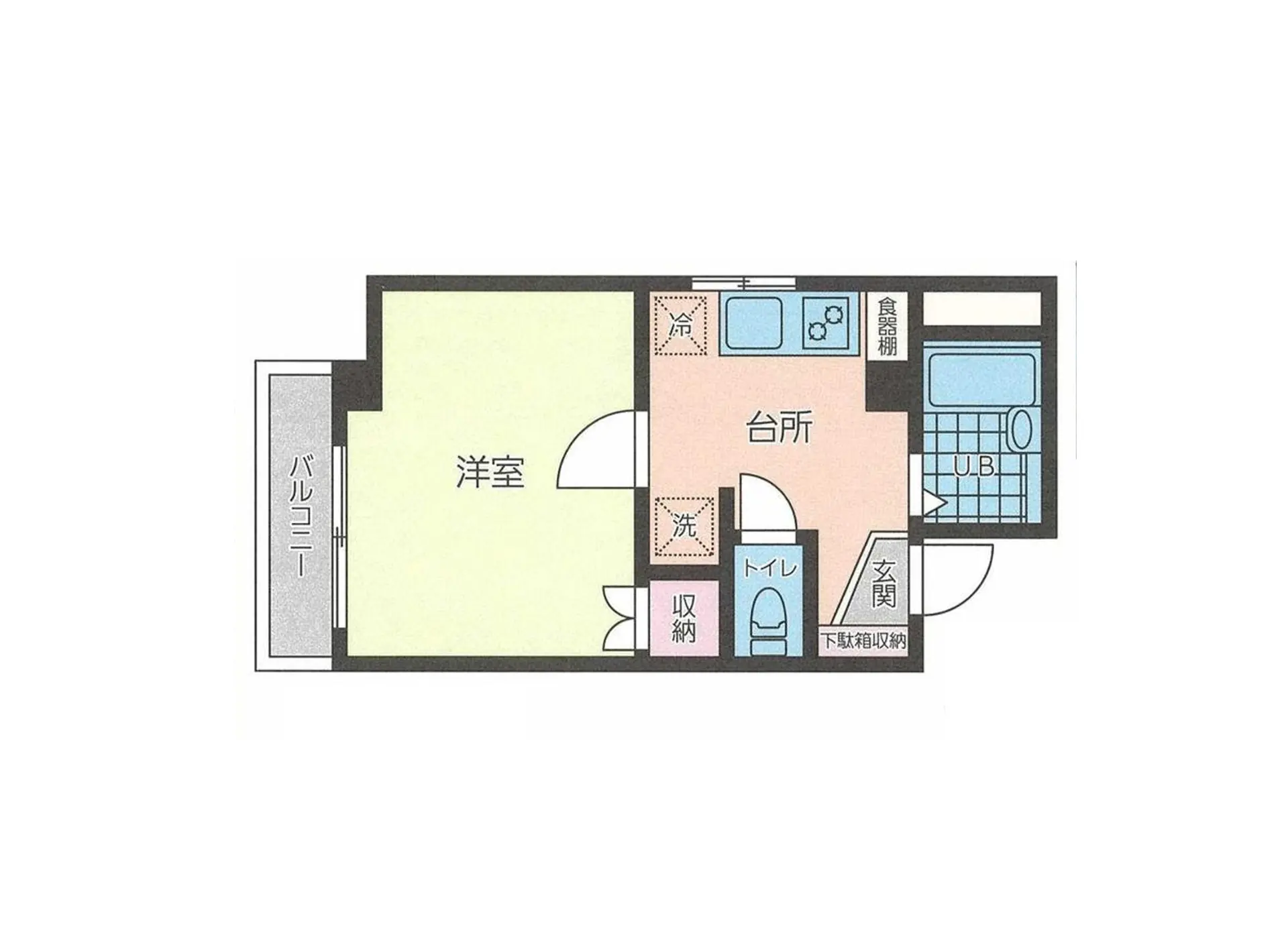 - 一人用の間取り図、洋室、台所、バルコニー、トイレと洗面所を含むシンプルなレイアウト