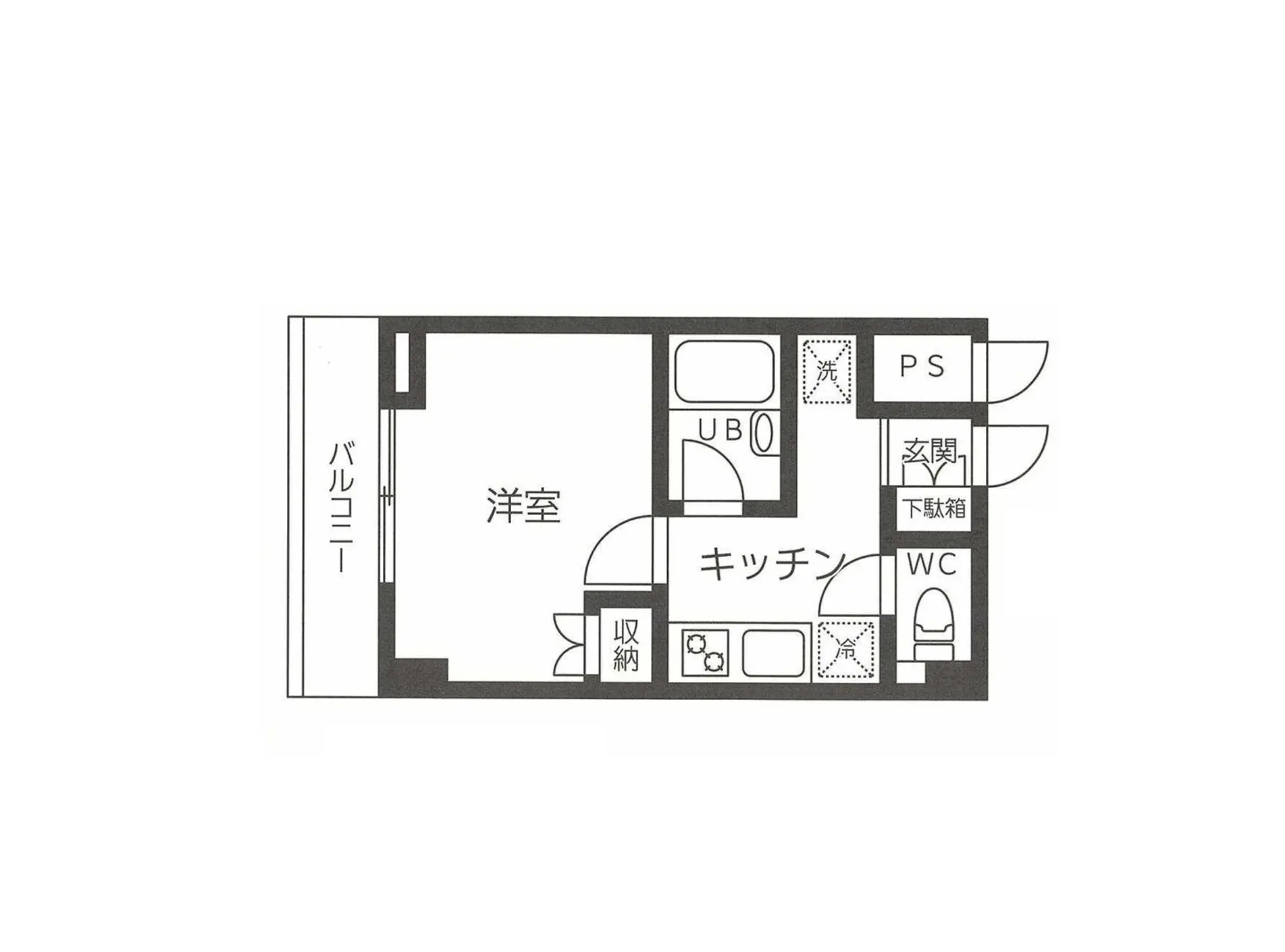 - キッチン、洋室、バルコニー、洗面所、トイレを含む間取り図
