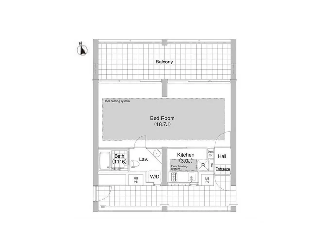 - バルコニー付きの間取り図、寝室（18.7帖）、浴室（1.116）、キッチン（3.0帖）を含む室内配置 사항