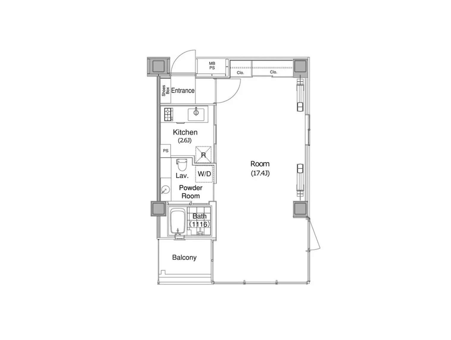 - 間取り図、広々とした17.4畳の部屋、キッチン、バスルーム、洗面所、バルコニーを含むデザイン