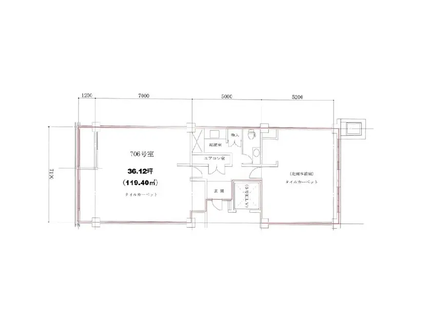 - 706号室の間取り図、36.12坪（119.40㎡）の広さを示し、エントランス、リビングルーム、洋間、浴室、トイレの配置が描かれたフロアプラン
