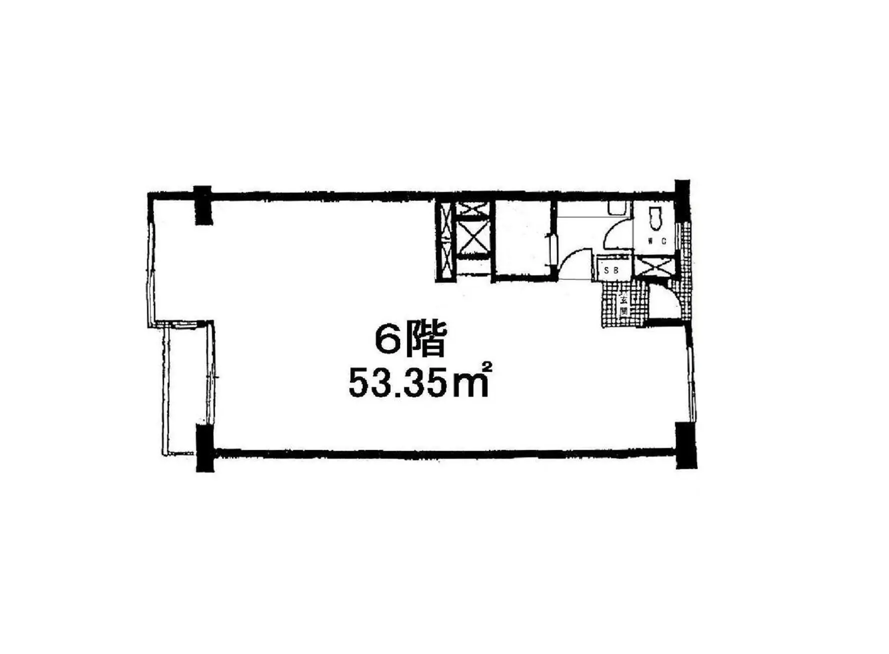 - 6階に位置する53.35㎡の間取り図、シンプルなデザインでリビング、キッチン、浴室が配置された住宅プラン
