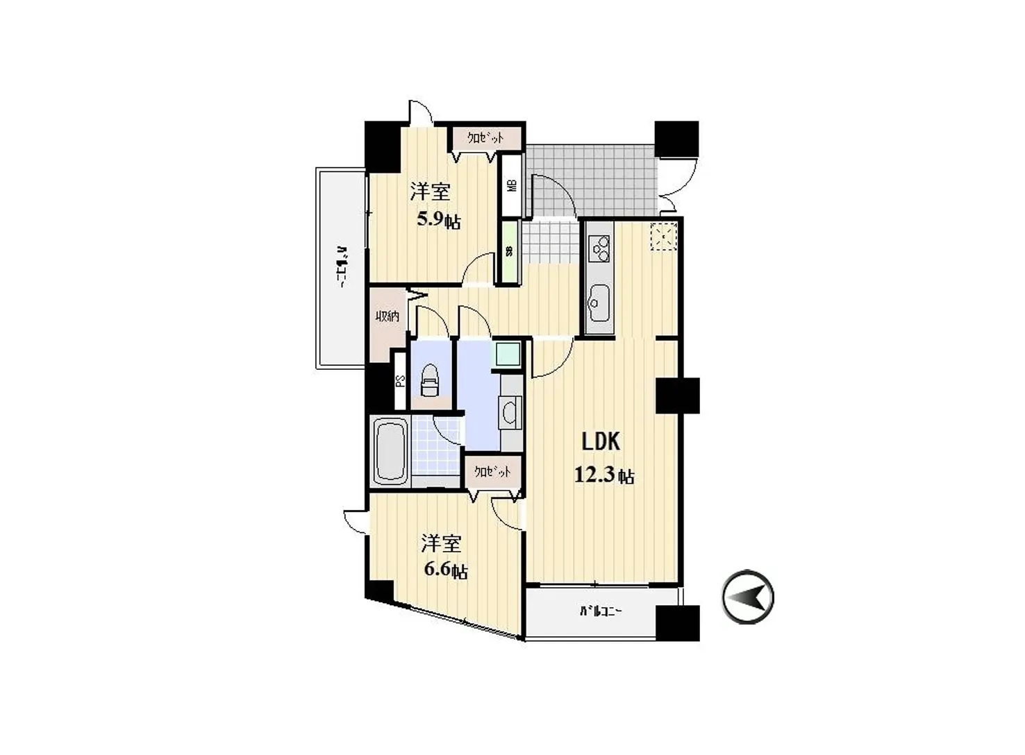 - 3LDKの間取り図、リビングダイニングキッチン（LDK）12.3帖、洋室2室（5.9帖、6.6帖）と収納スペースを含む設計