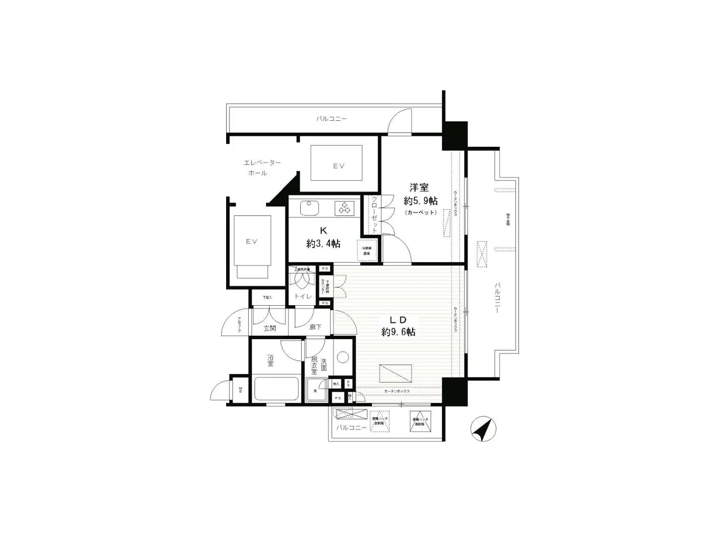 - 1LDKタイプの間取り図、リビング約9.6帖、洋室約5.9帖、キッチン約3.4帖を含むレイアウト、トイレとバスルームが備わる住宅設計